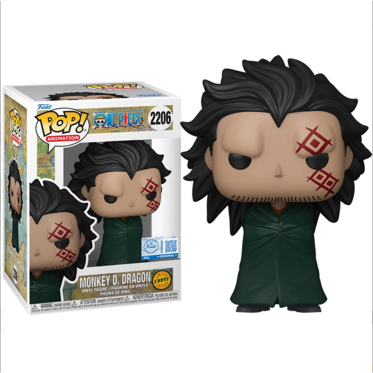 Funko Pop Monkey D. Dragon #2206 posé à côté de sa boîte d'origine, édition Chase One Piece