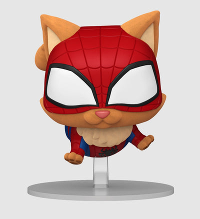 Funko Pop Spider-Cat Flocked #1509 vue de profil dans sa boîte collector Marvel - Bnexo