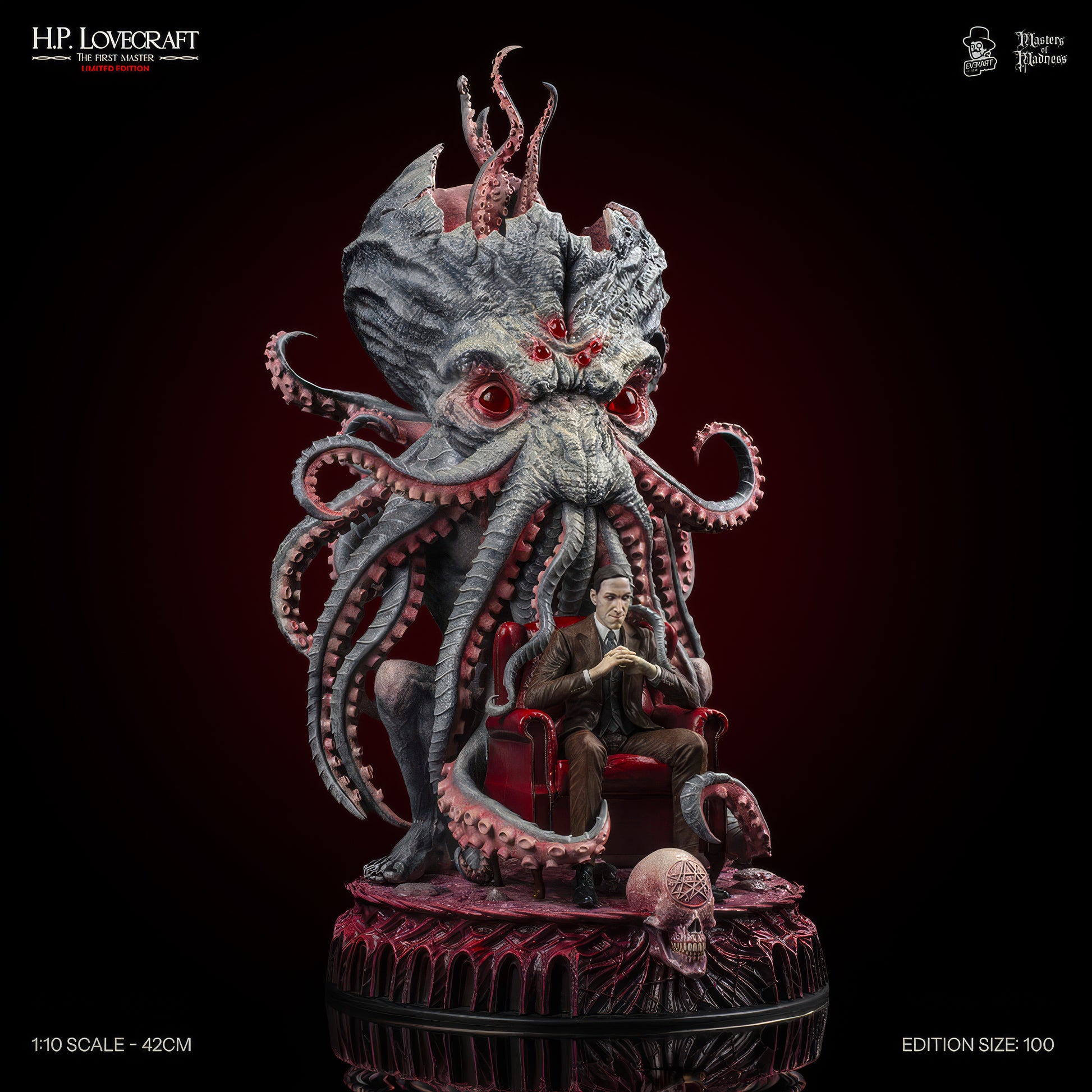 Vue latérale gauche statue H.P. Lovecraft polystone 42cm édition collector - Bnexo