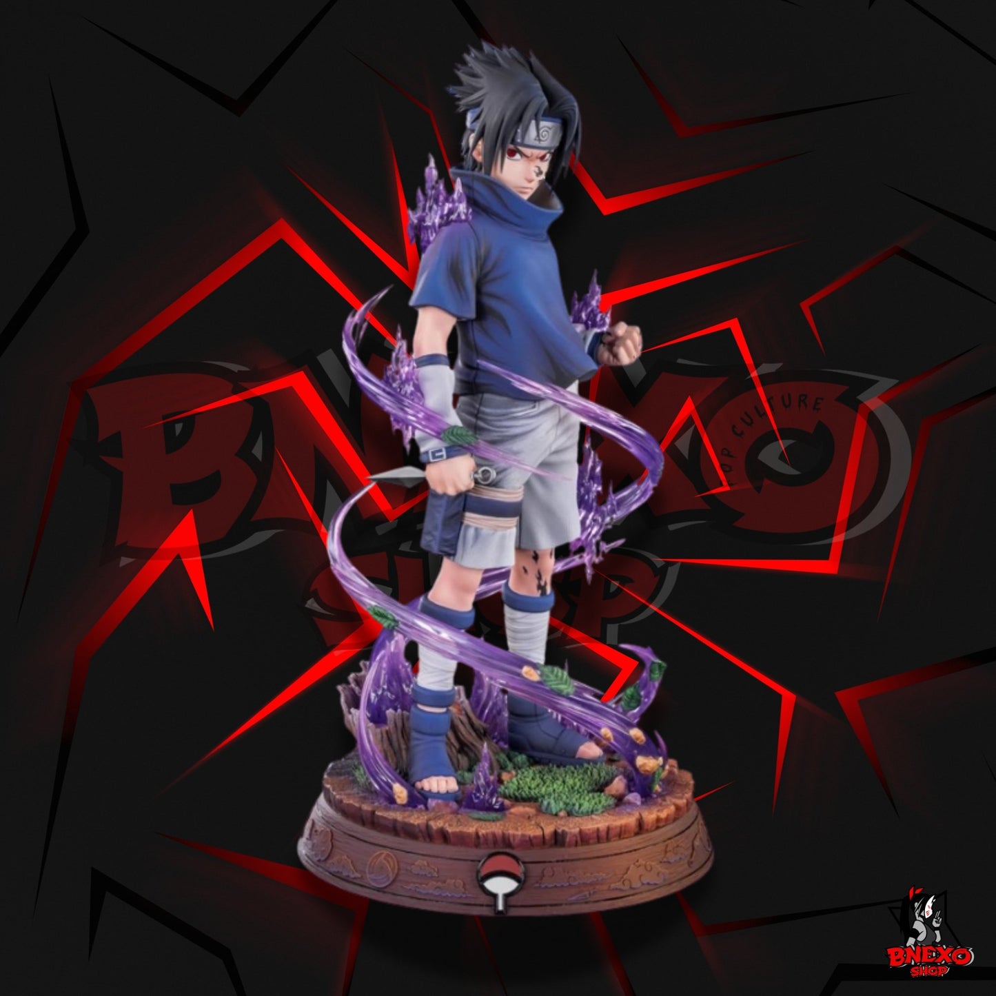 Statue Sasuke Uchiha profil kunai en main socle emblème Uchiha - Naruto Tsume