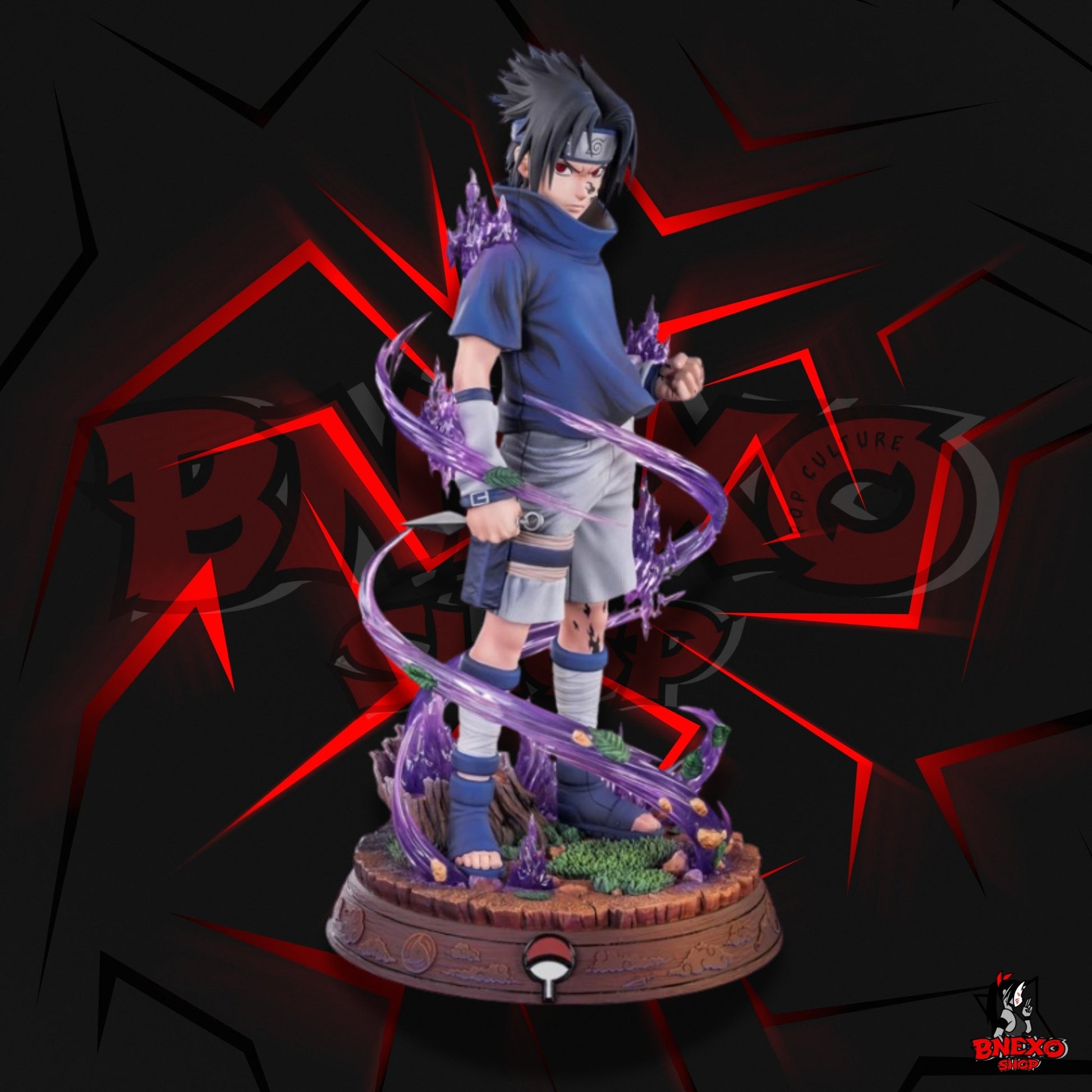 Statue Sasuke Uchiha profil kunai en main socle emblème Uchiha - Naruto Tsume
