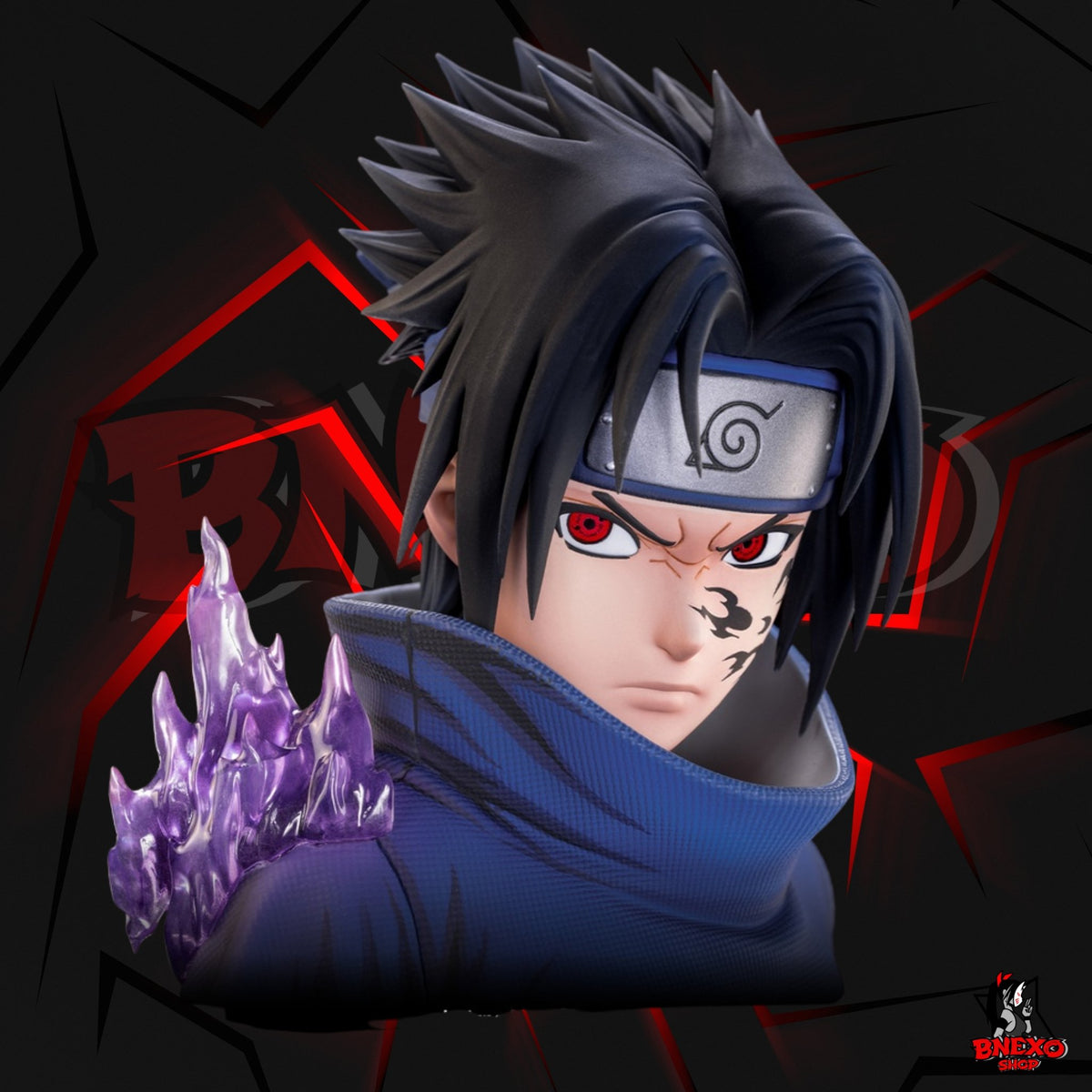 Gros plan visage Sasuke yeux rouges bandeau Konoha effet violet - figurine Tsume