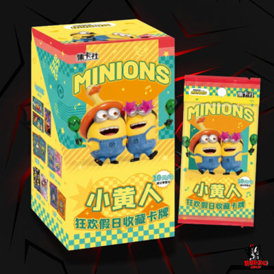 Display et booster Minions Card Fun Crazy Holiday avec figurines 3D sur boîte jaune et turquoise