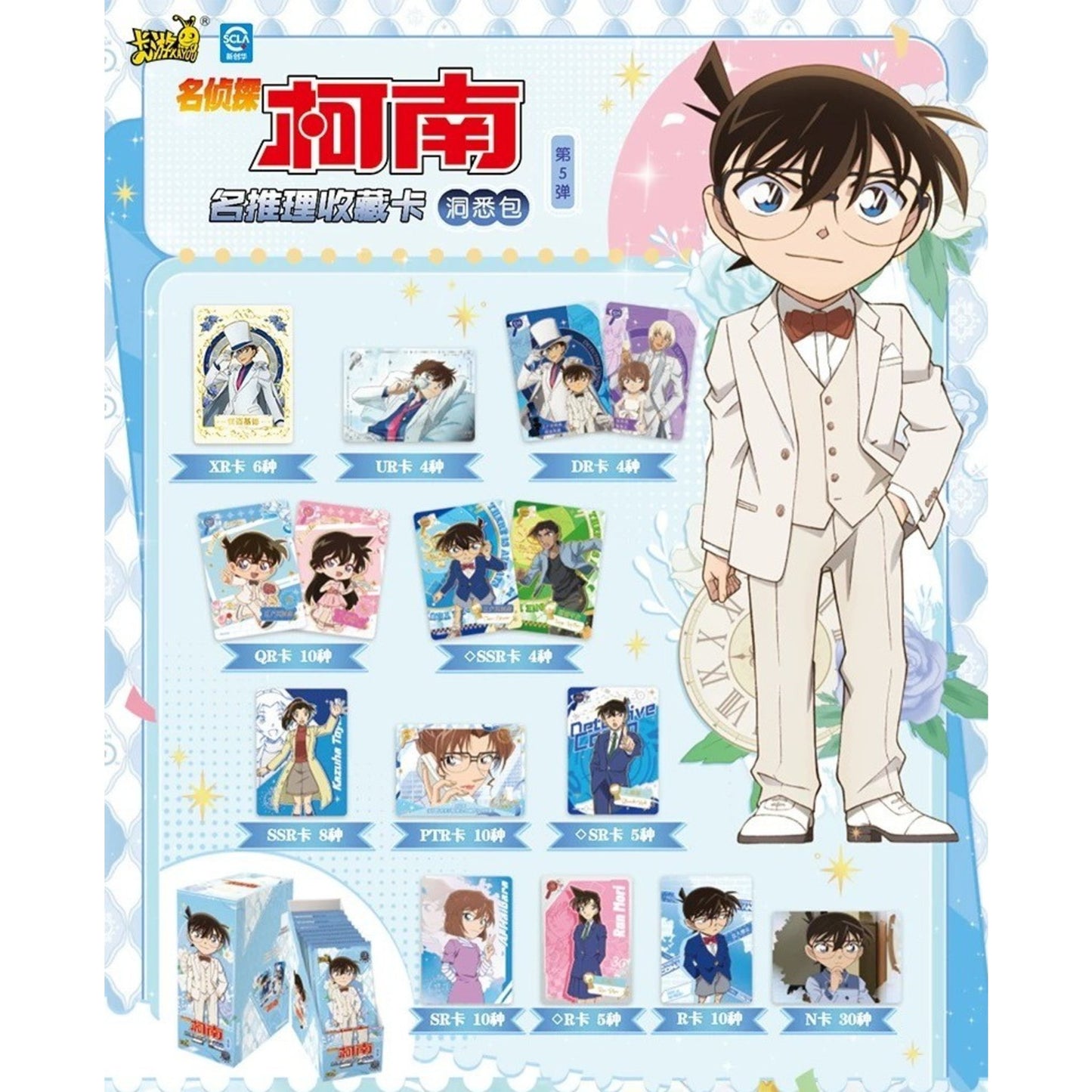 Planche récapitulative des types de cartes du display Détective Conan Kayou série 5 (XR, UR, DR, SR, etc.)
