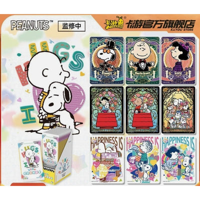 Visuel officiel Peanuts Kayou présentant la gamme complète de cartes Snoopy et personnages