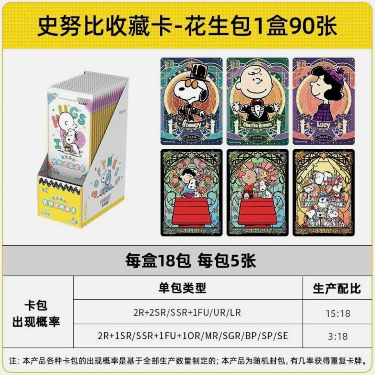 Détail du packaging Kayou Peanuts : 18 sachets par boîte, 90 cartes Snoopy à collectionner