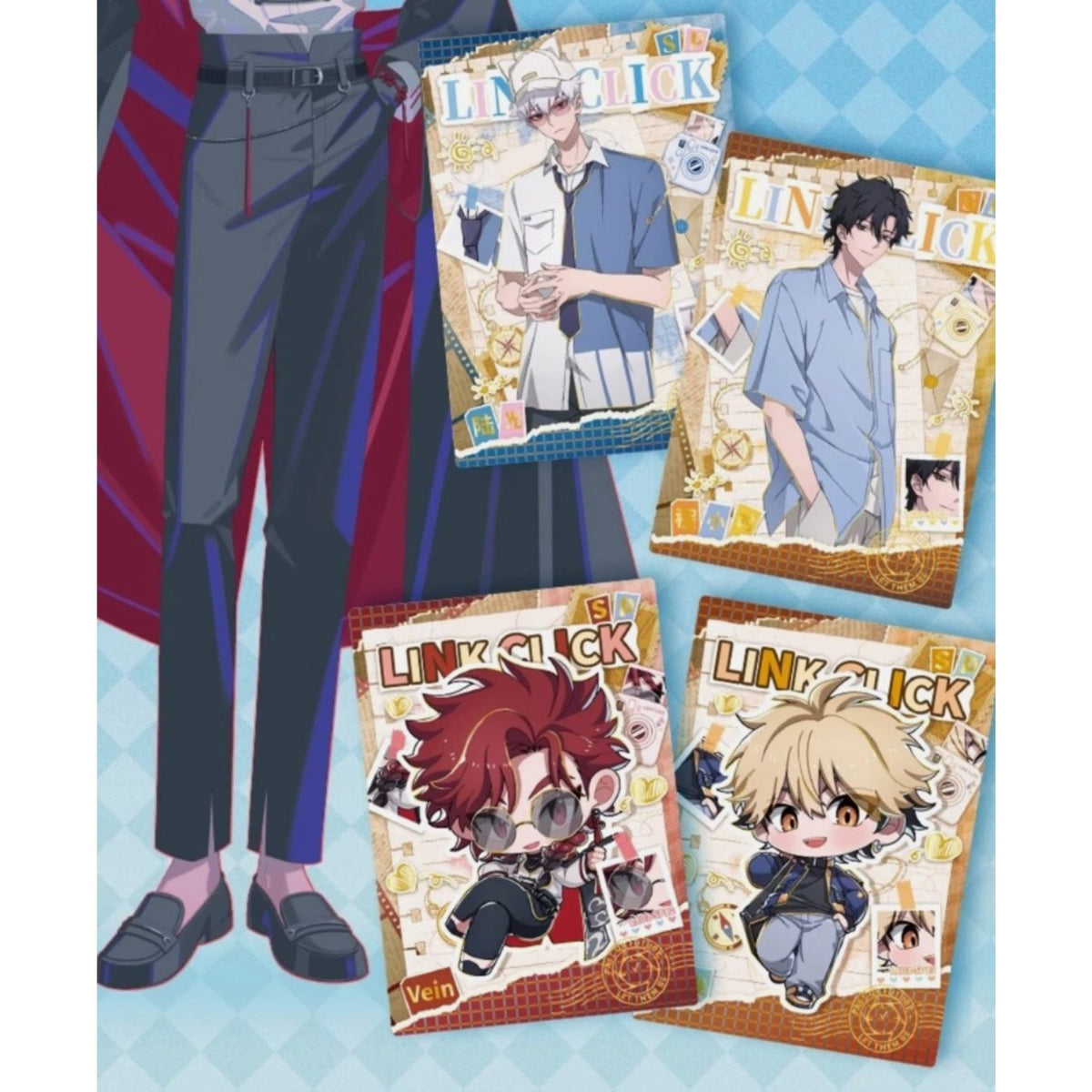 Cartes SP Link Click au style carnet manuscrit avec portraits de personnages en chemise bleue