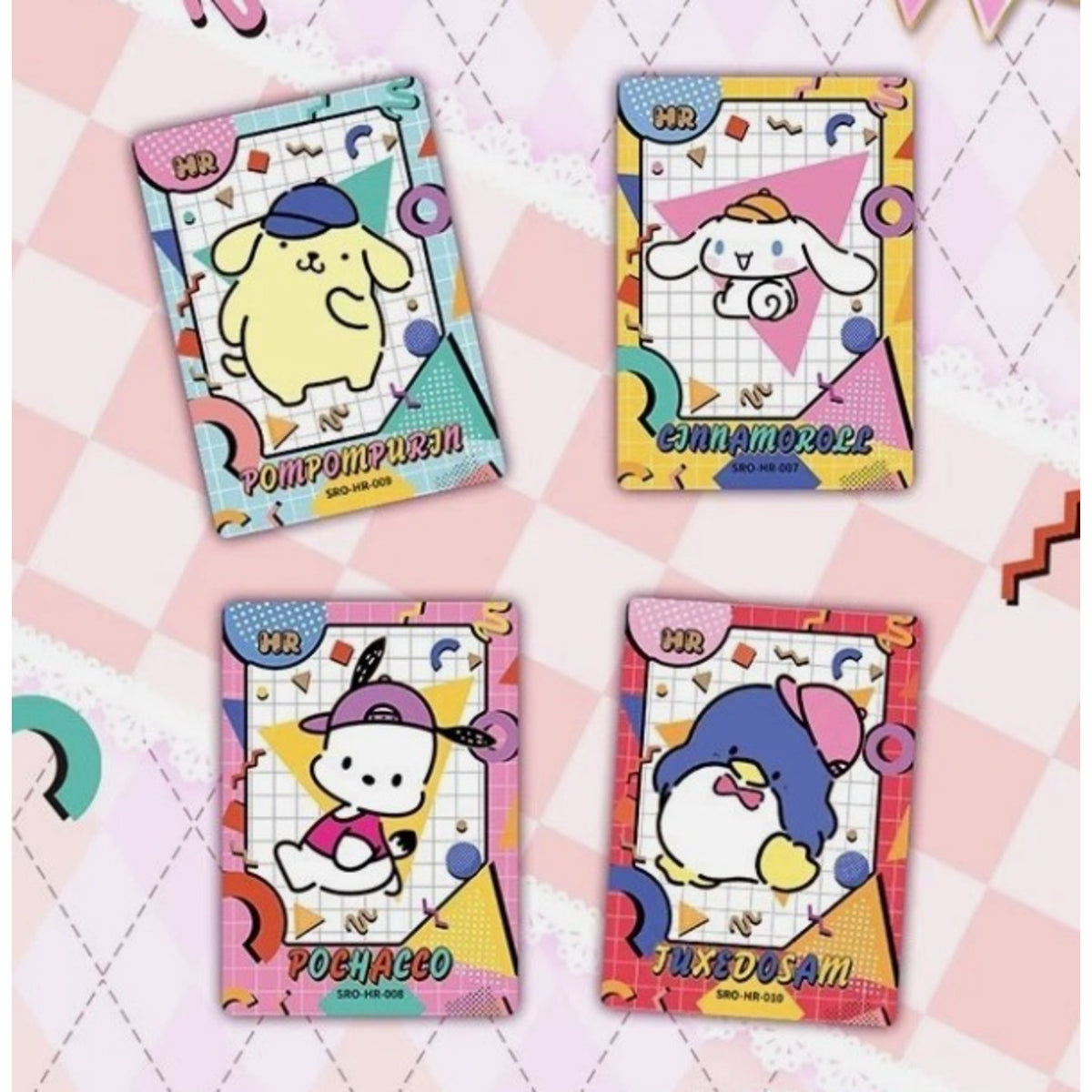 Cartes Sanrio HR style memphis coloré : Pompompurin, Cinnamoroll, Pochacco et Tuxedosam