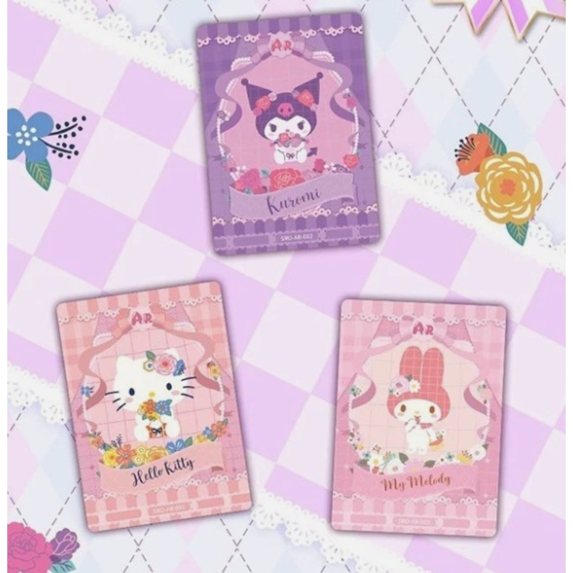 Cartes Sanrio AR florales roses et violettes : Kuromi, Hello Kitty et My Melody
