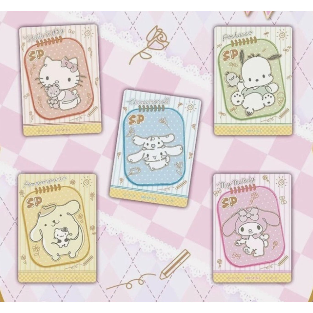 Cartes Sanrio SP façon carnet dessiné avec Hello Kitty, Pochacco, Cinnamoroll, Pompompurin et My Melody