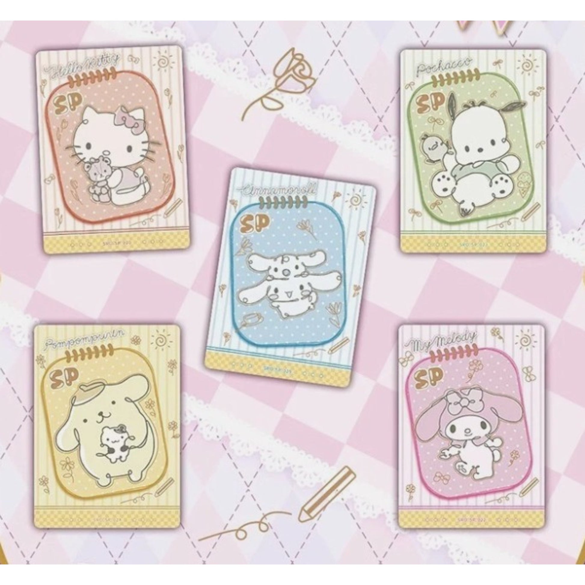 Cartes Sanrio SP façon carnet dessiné avec Hello Kitty, Pochacco, Cinnamoroll, Pompompurin et My Melody
