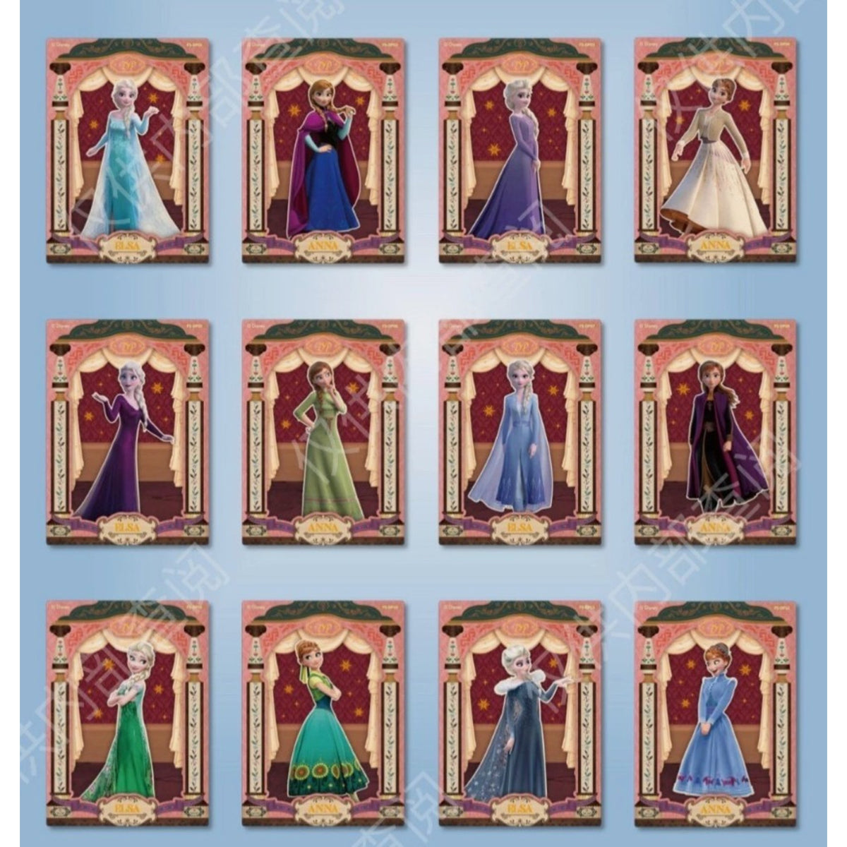 Cartes La Reine des Neiges à cadre doré style théâtre avec différentes tenues d'Elsa et Anna