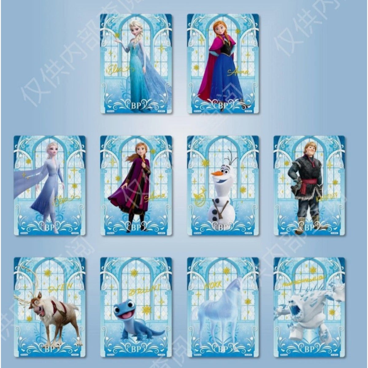 Cartes BP Frozen avec portraits détaillés d'Elsa, Anna, Olaf et Kristoff sur fond de vitrail