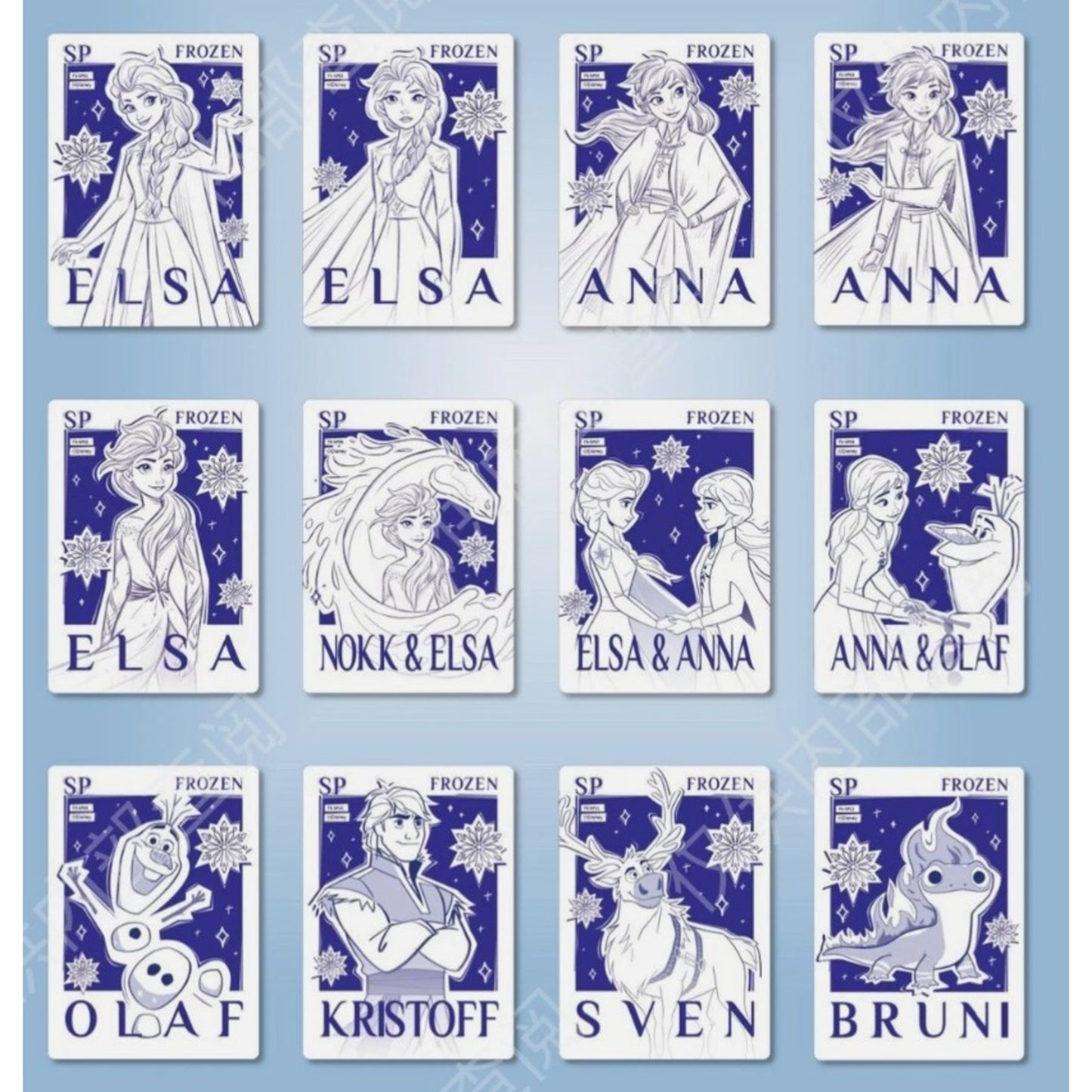 Cartes SP Frozen en dessin au trait bleu représentant Elsa, Anna, Olaf et Kristoff