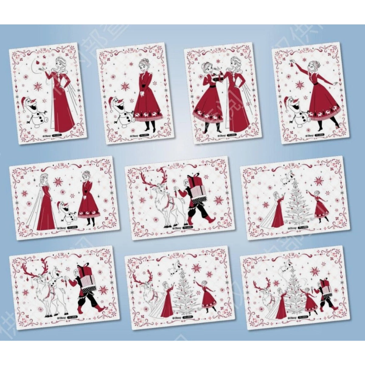 Cartes à collectionner La Reine des Neiges rares avec Elsa, Anna et Olaf sur fond festif rouge et blanc