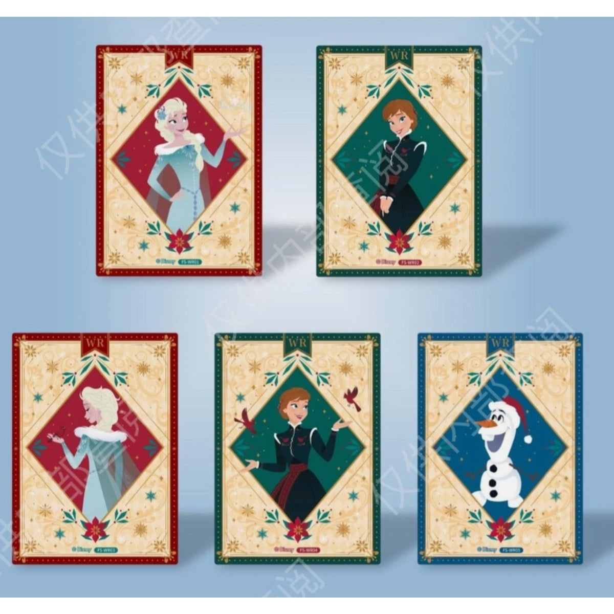 Cinq cartes dorées thème hiver/Noël avec Elsa, Anna et Olaf, coffret collector Frozen Four Seasons