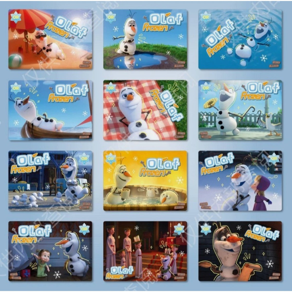 Planche de 12 cartes Olaf en rendu 3D dans diverses scènes, collection Four Seasons La Reine des Neiges