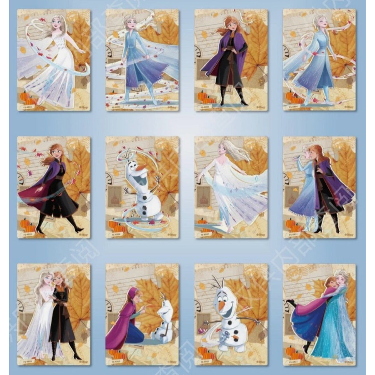 Planche de 12 cartes à collectionner Elsa, Anna et Olaf sur fond d'automne, coffret La Reine des Neiges